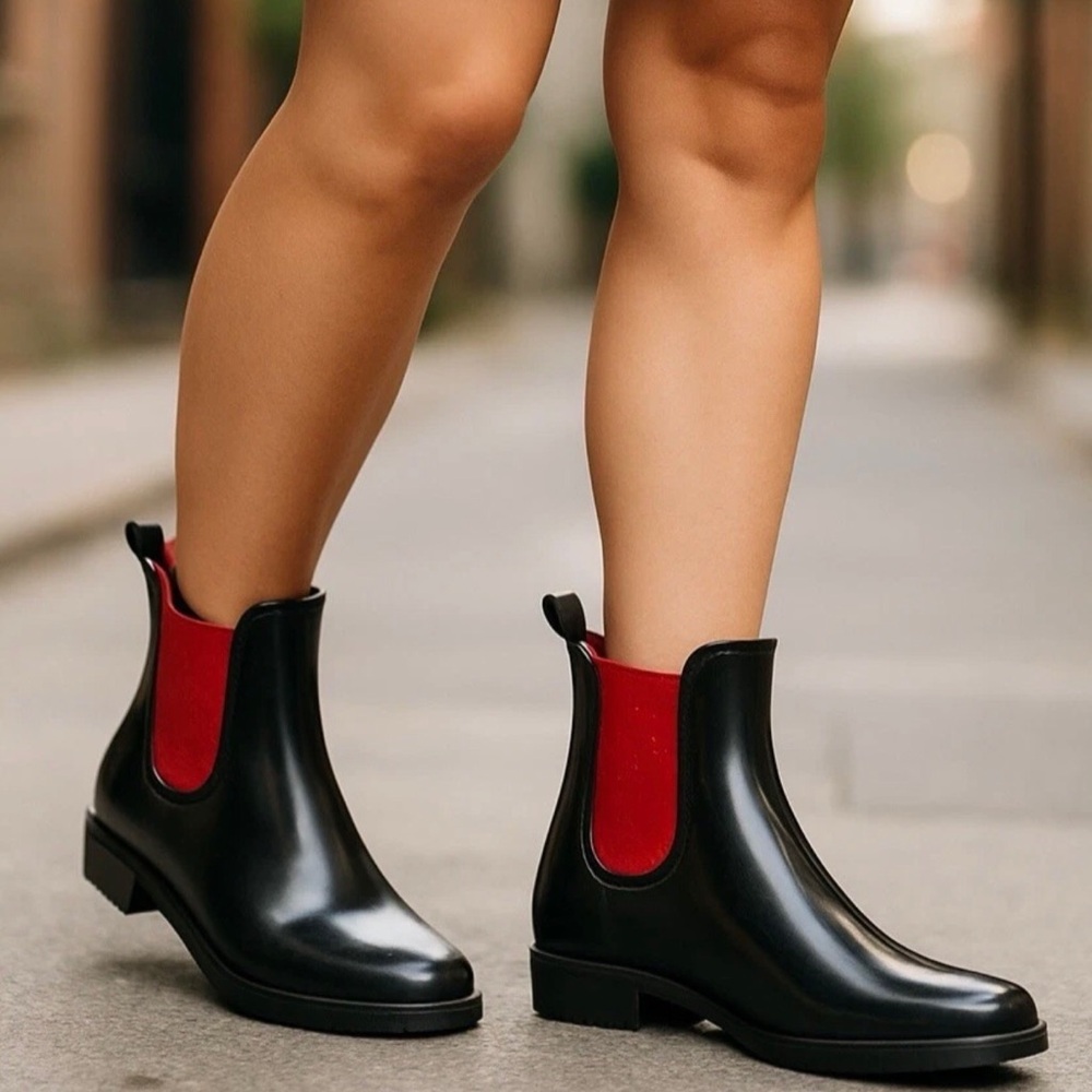 Lauren Ralph Lauren Tally Rain Boots Black Red Chelsea Waterproof Ankle Boot 7